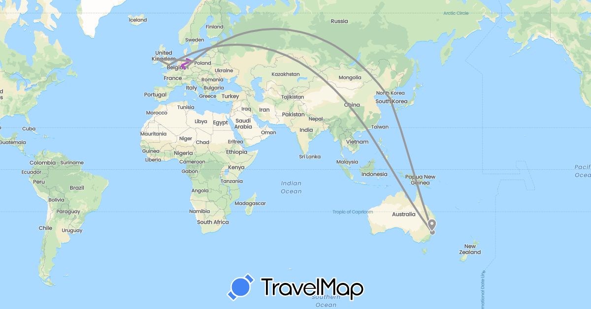 TravelMap itinerary: driving, plane, train in Australia, China, Germany, United Kingdom, Ireland, South Korea (Asia, Europe, Oceania)